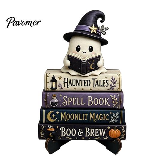 Fall Fireplace Decorations Halloween Reading Ghost Figurine, Wooden Desktop Ornaments, Vintage Spooky Shelf Accents Statue with Stand for Home