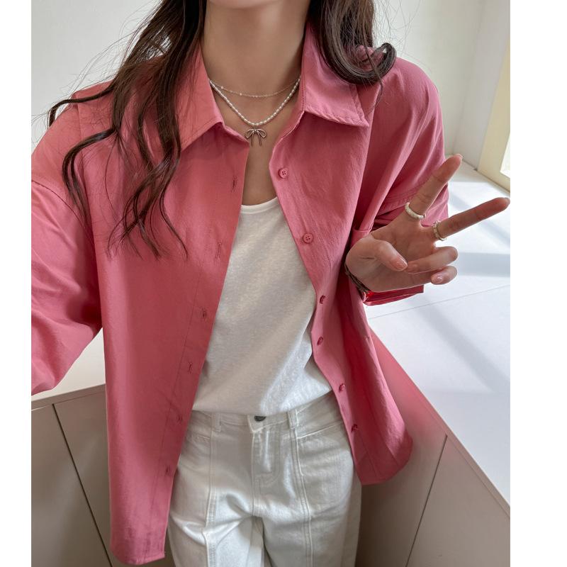 Spring Autumn Polo-neck Solid Casual Fashion Shirt Women Long Sleeve Single Breasted Cotton Blouse Cardigan Top