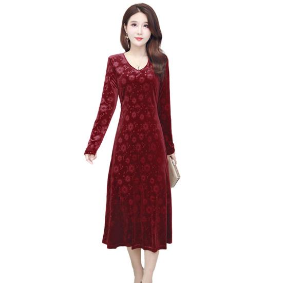 Kadın Sonbahar Kış Elbise V Yaka Kalın A-line Slim Fit Uzun Kollu Vintage Aplike Baskılı Orta buzağı Uzunluğu Bayan Midi Elbise