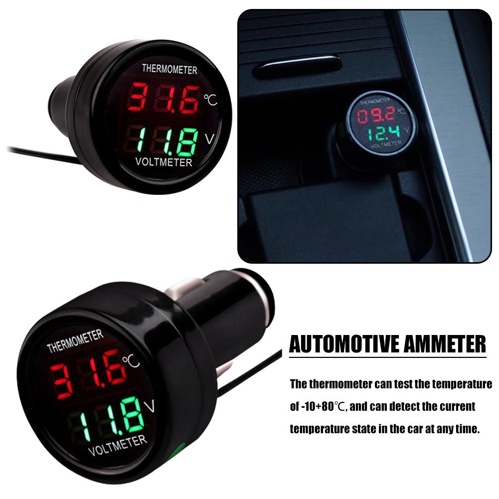 12V 24V Digital Car Voltmeter Thermometer Cigarette Lighter Style 2 In 1 Battery Monitor Voltage Temperature Meter