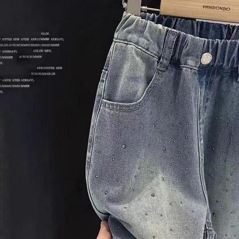 Dívčí jarní a podzimní ražené džíny střední a velké děti korejská verze volné rovné široké nohavice