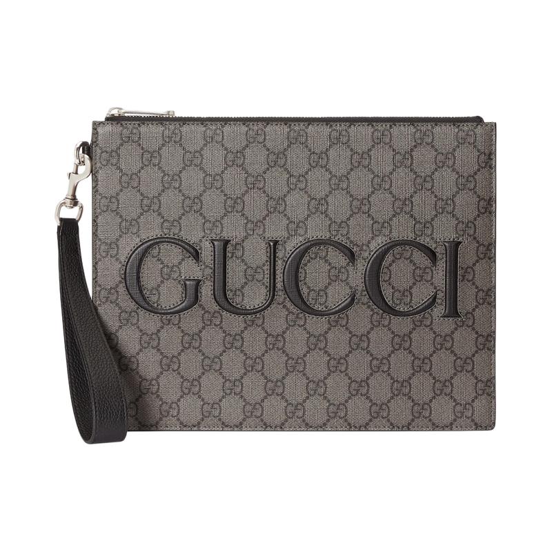 Gucci Brand Logo Zipper Closure Supreme Canvas Canvas Bag Clutch Men's Gray and Black