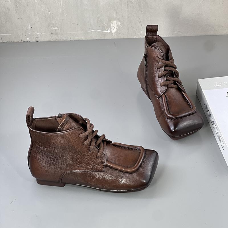 Early Autumn Retro Square-headed Boots Women's Short Tube Flat-bottomed Martin Boots 2025 Autumn New Versatile Soft-soled Mother Single Boots
