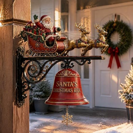 Festive Courtyard Balcony Accents Christmas Bell Wall Hanging Decoration, Santa Sleigh Reindeer Ornament, Large Decorative Indoor Mounted Ornaments