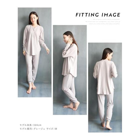 [ON NISHIKI] Women's Pajamas, Long Sleeves, Belly Wrap, Top and Bottom Set, Spring, Autumn, Waffle Fabric, Stretch, Wrinkle Resistant, Henley Neck,
