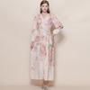 Spring Bohemian Floral Maxi Dresses for Women Runway Cross V-Neck Long Lantern Sleeve Sashes Beach Holiday Dress Boho Robes