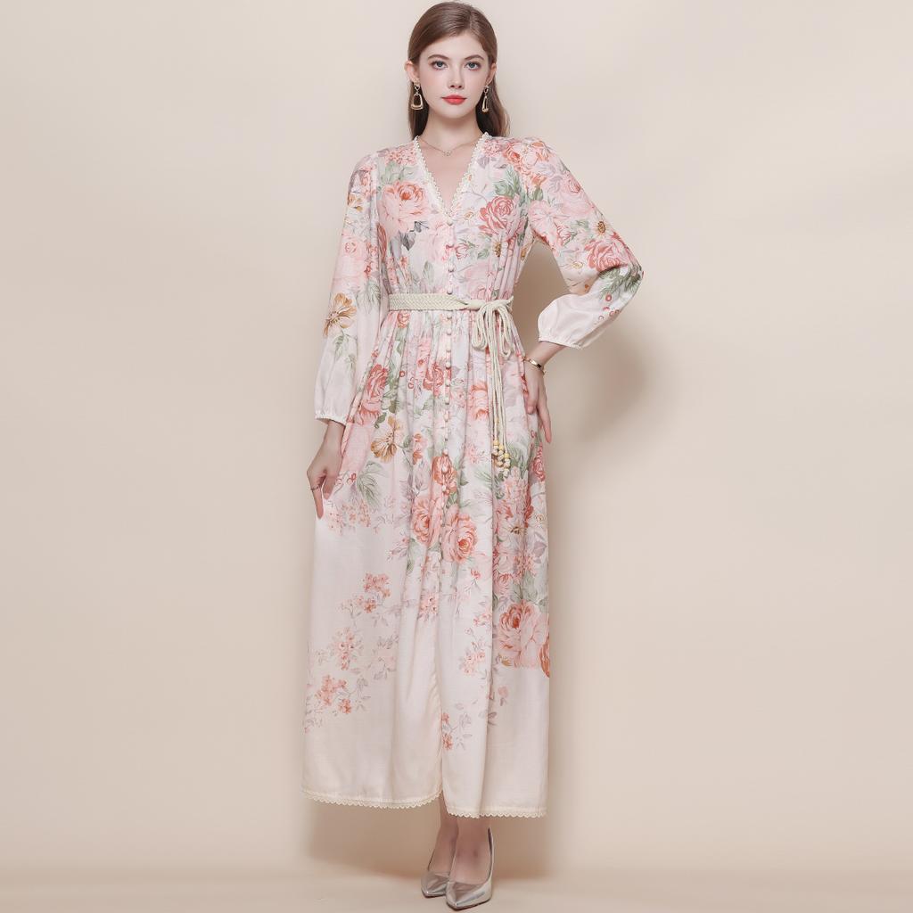 Spring Bohemian Floral Maxi Dresses for Women Runway Cross V-Neck Long Lantern Sleeve Sashes Beach Holiday Dress Boho Robes
