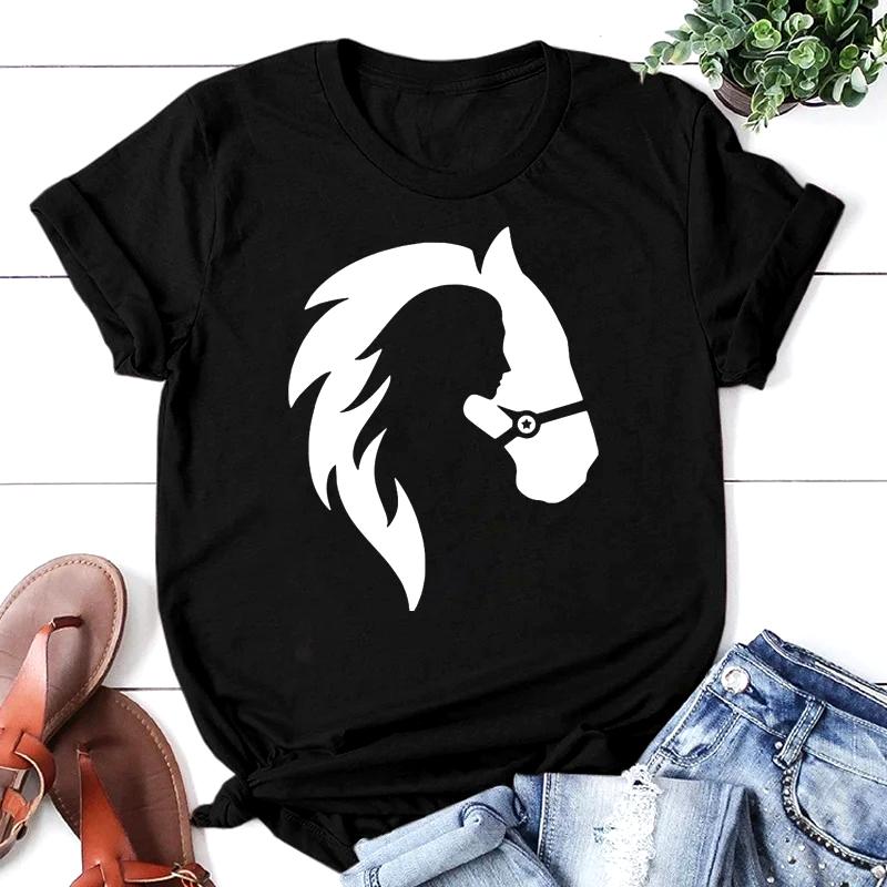 Cute Horse Head Print T Shirts for WomenGirls Casual Round Neck Tees Top 2026 New Year Summer Womens Fit Tee Shirts
