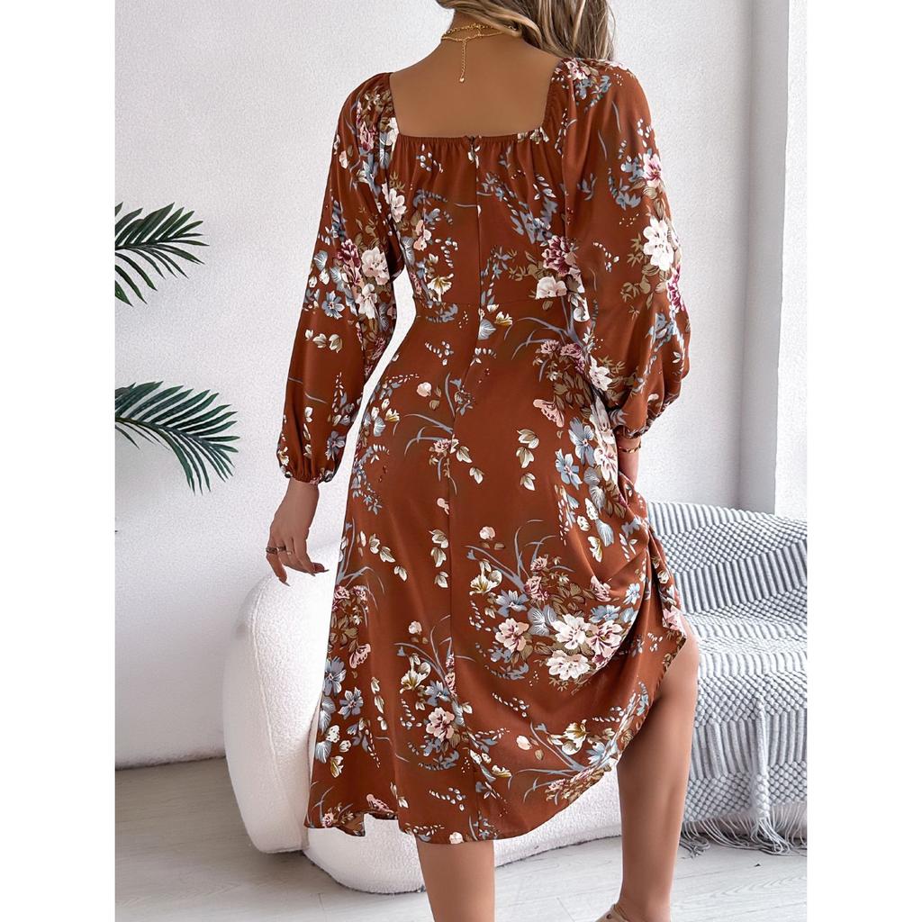 GMXIA Spring Summer Sexy Tie Knot Flower Long-sleeved Slit Dress for Women