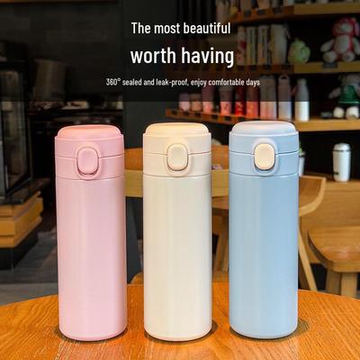 Cute Stainless Steel Vacuum Thermos with Flip-top Lid and Mini Straw - Customizable Student Gift