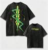 T-shirt Oversize Lavaggio Acido, Stampa Fulmine Verde Futuristco su Entrambi i Lati, Maglietta Grafica Vintage