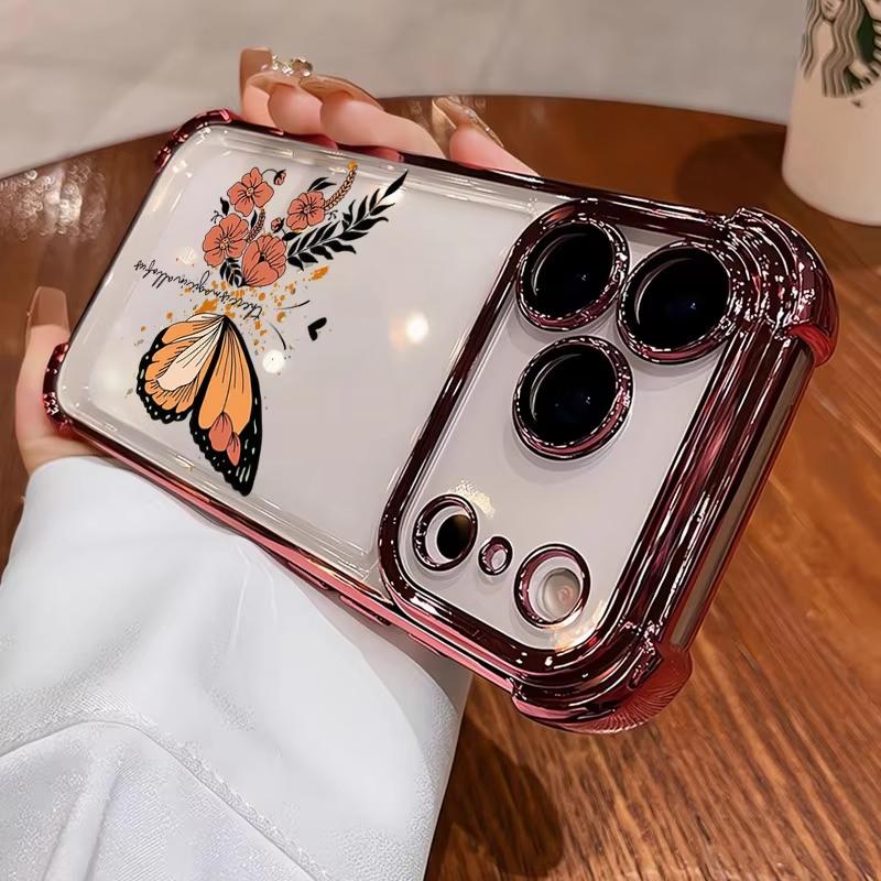 Floral and Butterfly Pattern Electroplated Phone Case For iPhone 11 12 13 14 15 16 17 Pro Max Plus Air Shockproof Cases Cover
