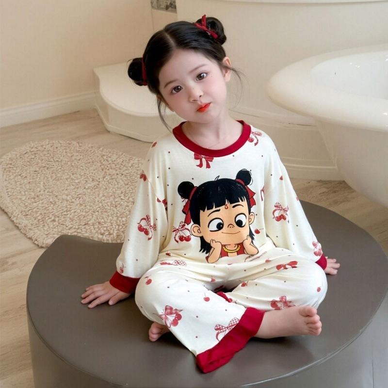 Girls Cartoon Nezha Long Sleeve Pajama Set with Pants for Spring Autumn 90