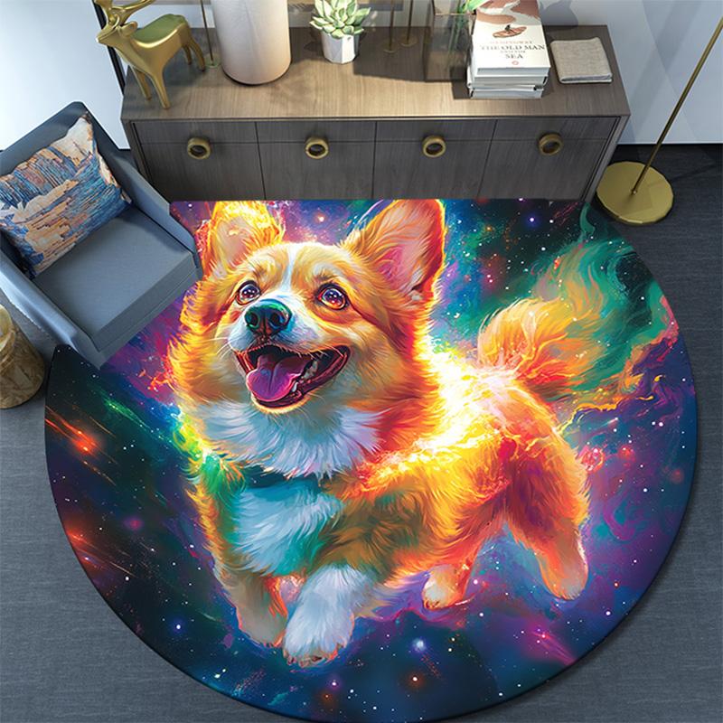 Cosmic Corgi Round Area Rug,Carpet Rug for Living Room Bedroom Sofa Playroom Decor,Non-slip Floor Mat