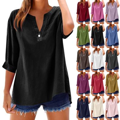 Women's Fashion Loose Standing Collar Button Cotton Linen Seven Sleeve T-Shirt Top