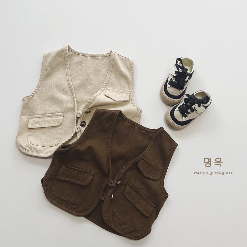 Kids Solid Cotton Open Front Vest Boys And Girls Casual Sleeveless Waistcoat