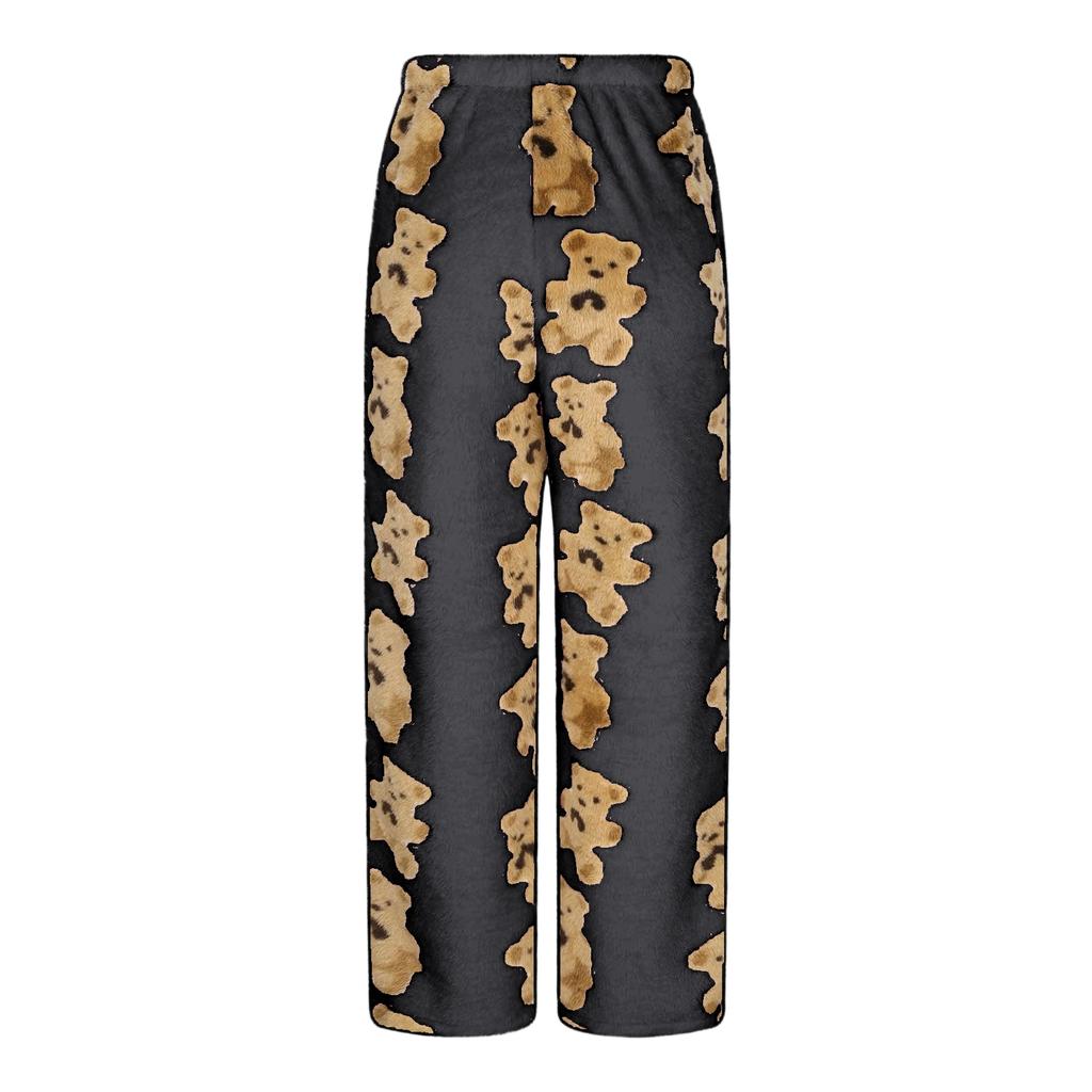 Pantalon de Pyjama en Peluche Ours Mignon pour Femmes avec Poche Jambe Large Pantalon Décontracté en Peluche