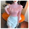New Style Half Turtleneck Lace Ruffle Patchwork Sweater Feminine Style Studded Top