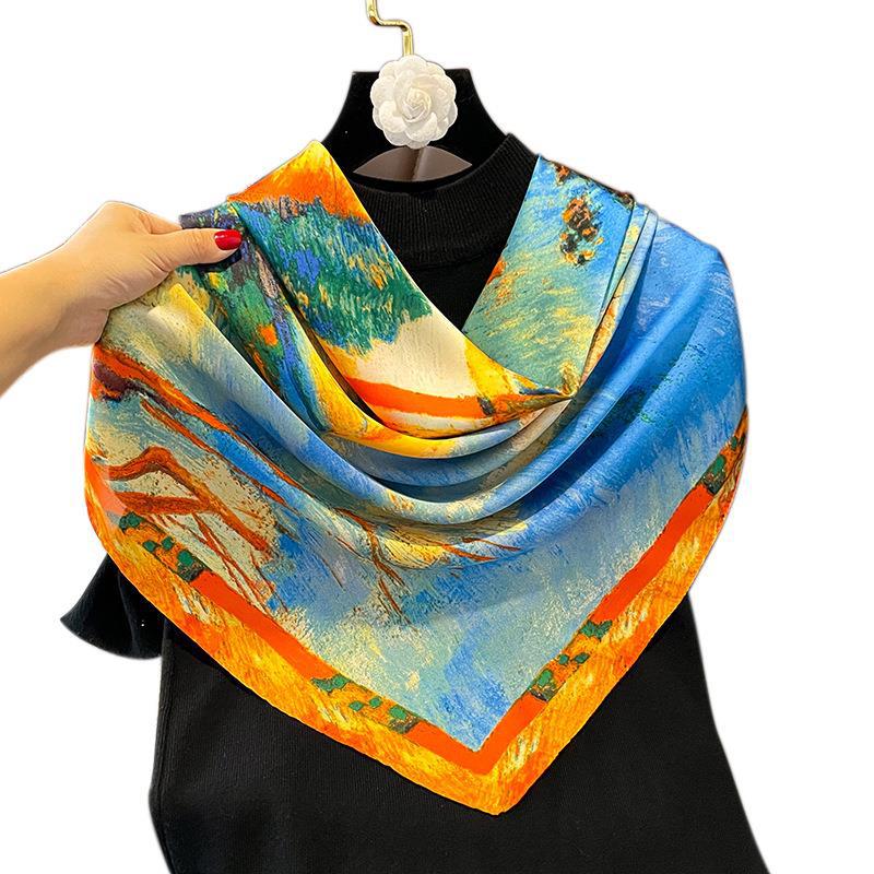 Spring and Autumn Versatile Travel Silk Scarf Temperament Elegant 90 Square Scarf Simulation Silk Scarf Wholesale Advanced Trend Celebrity Shawl