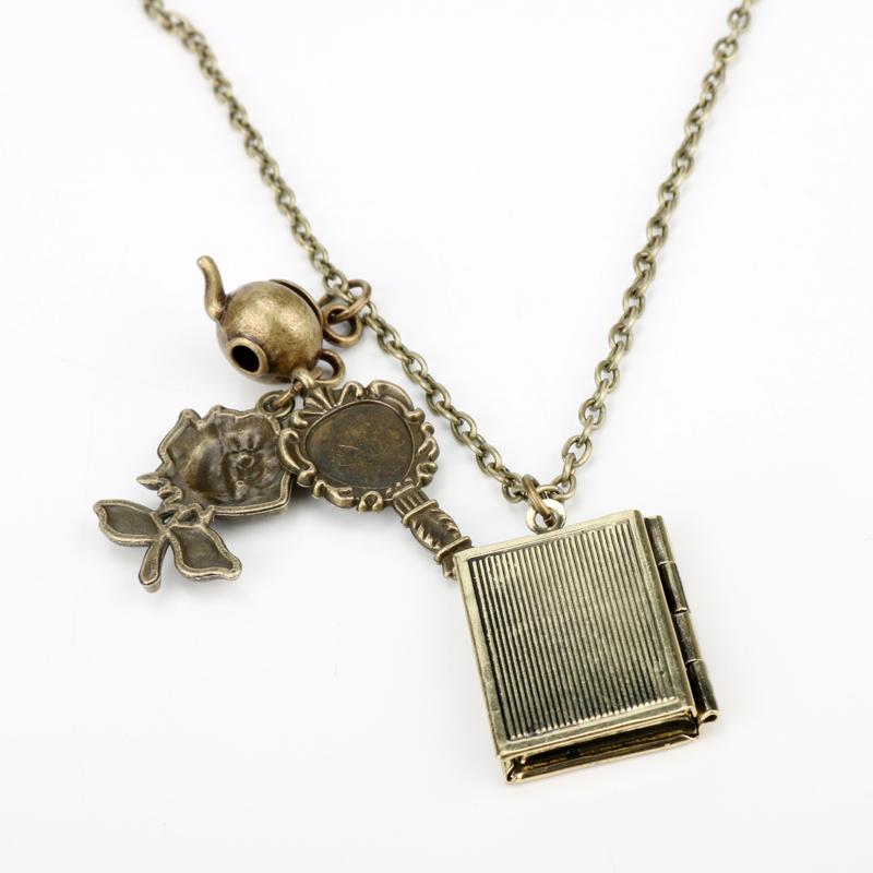 Movie Jewelry Magic Flower Necklace Rose Book Pendant His Beauty/Her Beast Valentines Day Fairy Tale Victorian Gift