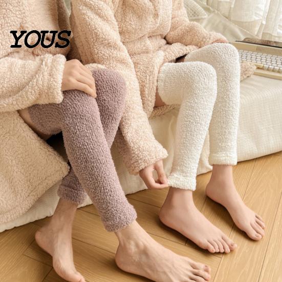 Thickened Velvet Calf Sleeves Coral Fleece Leg Warmers for Women, Winter Thermal Knee High Warm Protectors Socks, Striped/Solid Color, Soft