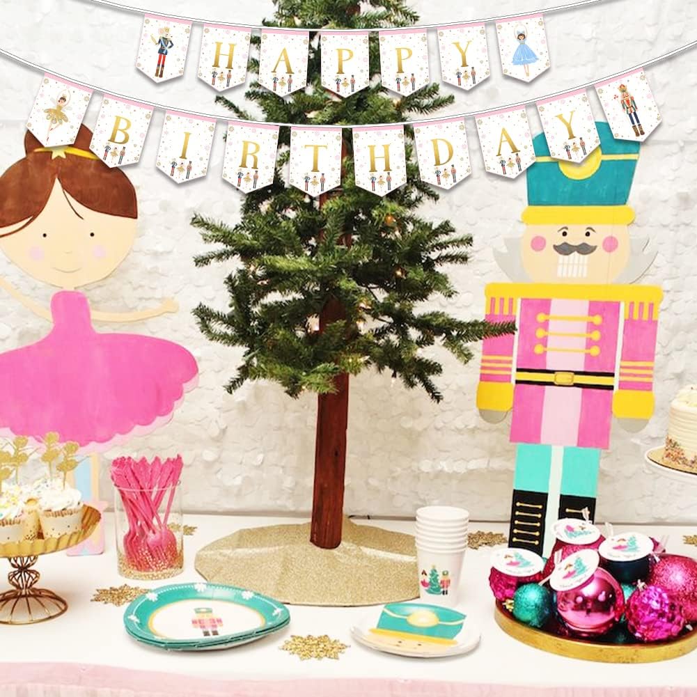 Nutcracker Birthday Banner for Kids and Adults, Party Supplies Decorations for Winter Birthday and Ballet, Mouse King and Ballerina Bunting Garland