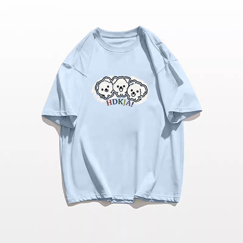 

Летний милый хлопковый свободный топ для полных женщин 2025 года, с короткими рукавами и круглым вырезом M светло-синий