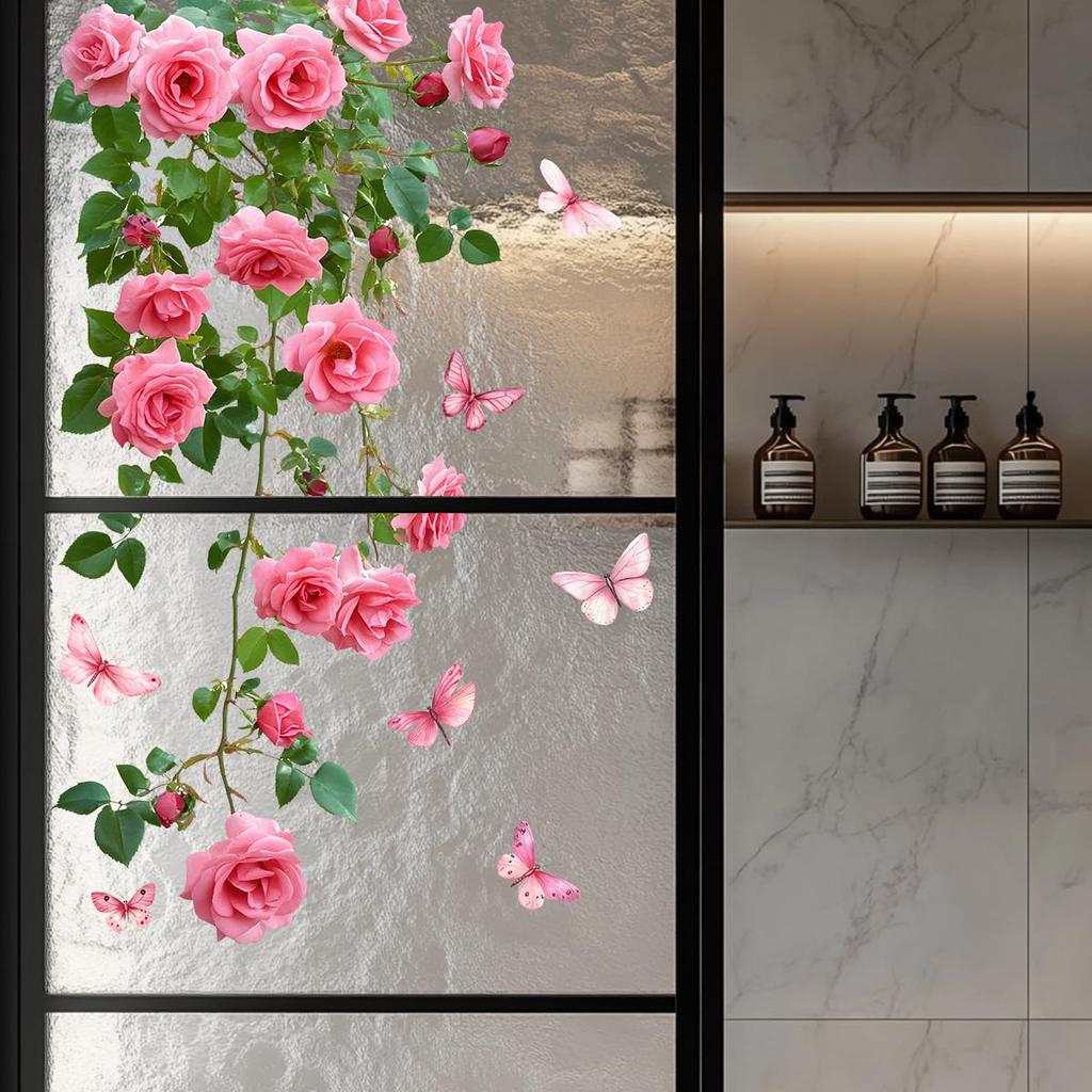 Condessacity Rosa Blumenwand Stilvolle Pflanzen- und Blumenwand Abnehmbar Wasserdicht Wand Wandglas Badezimmer Glaswand Dekor Aufkleber, Rosen, Aufkleber,