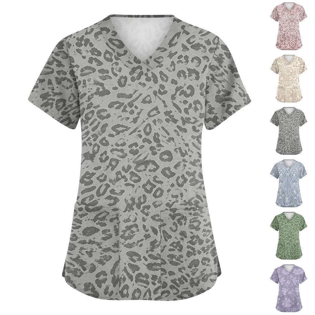 Women's Fashion Polka Dot V-Neck Short Sleeve Work Top with Pockets, Caregiver Uniform Shirt
