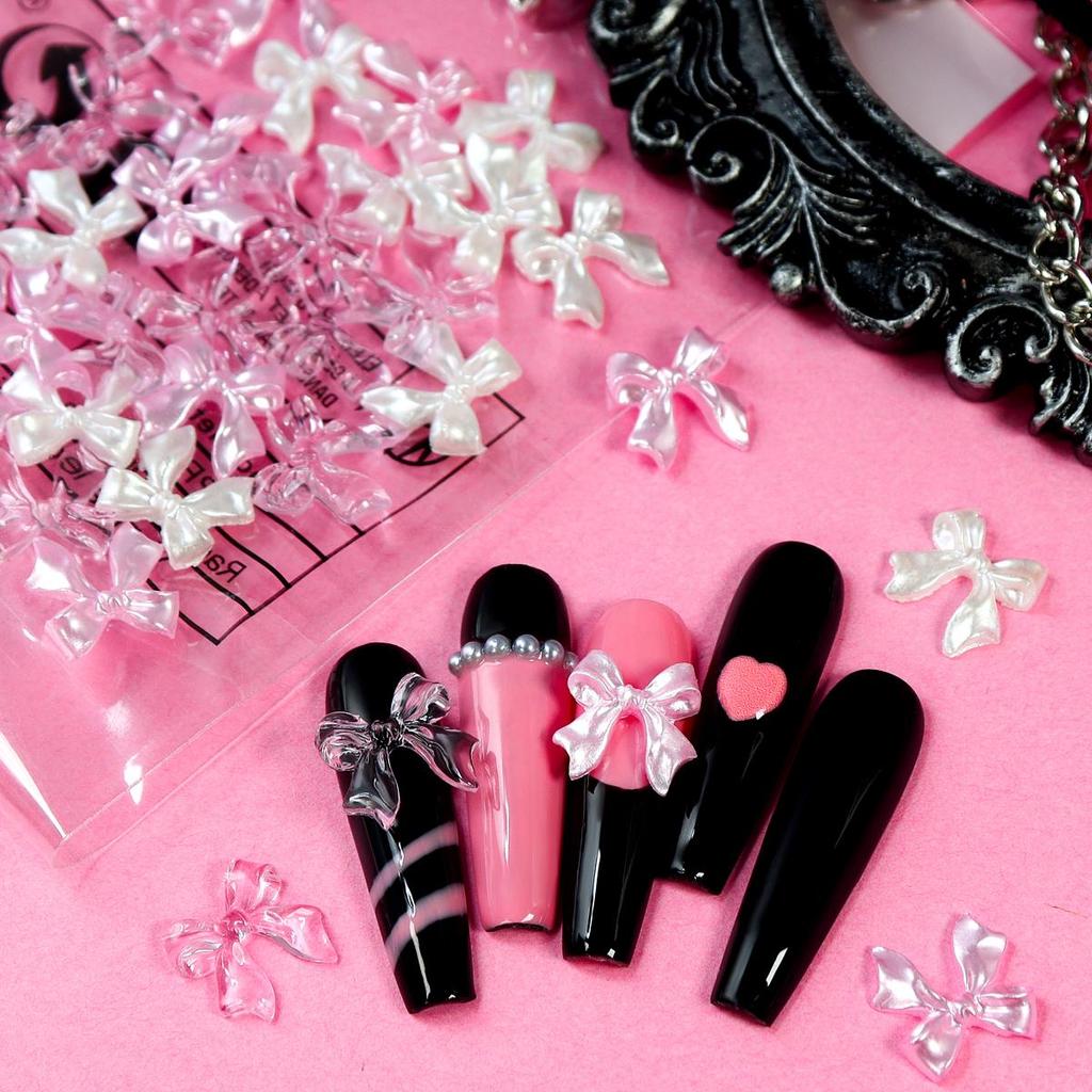 1Bag Pink Candy Ribbon Bows 3D Nail Charm Transparent Jelly Color Summer Nail Decoration Accessories DIY Manicure Decor Parts