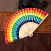 Rainbow Folding Fan Hand Held Fan Bamboo Frame Waterproof Vibrant Colors Hand Fans Home Decorations