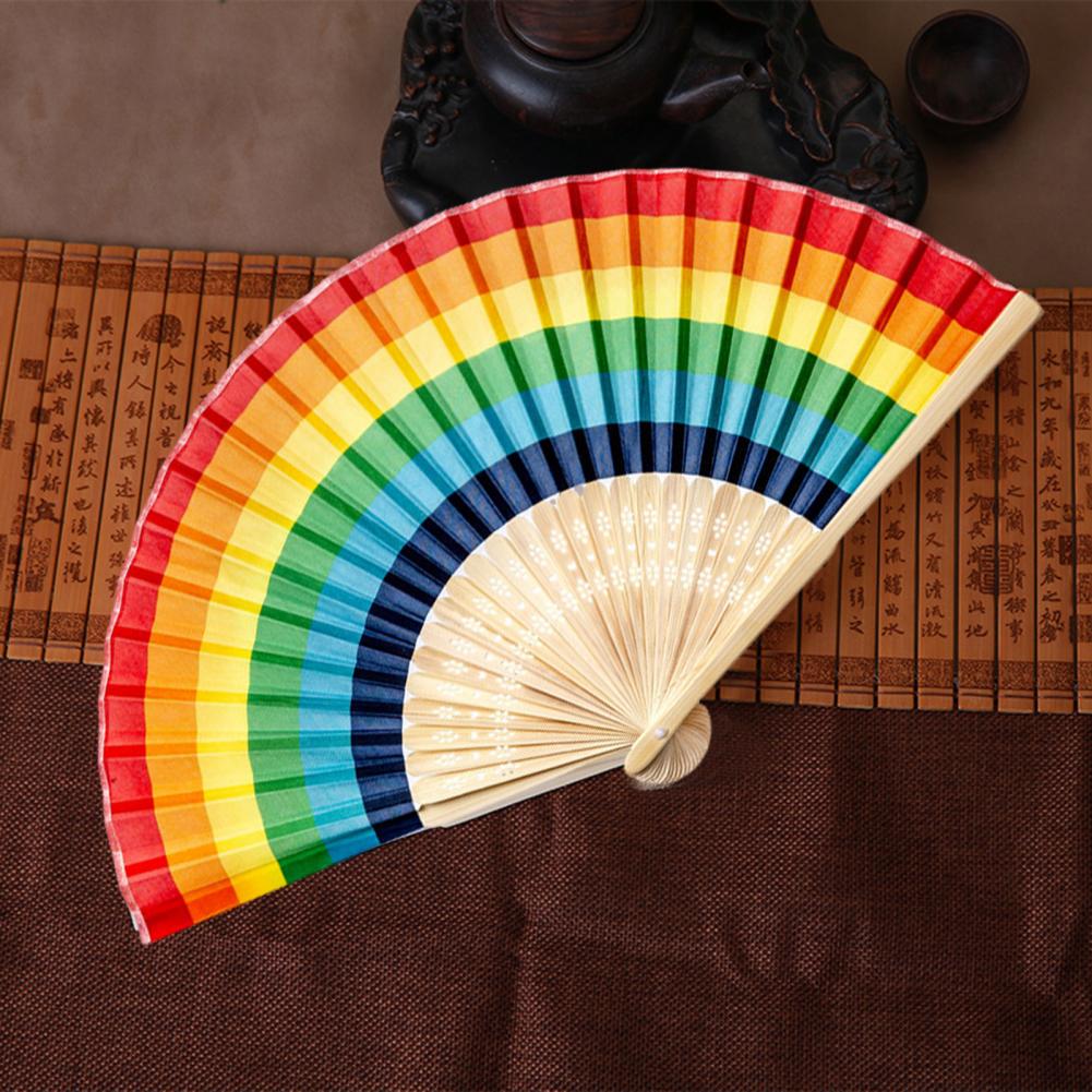 Rainbow Folding Fan Hand Held Fan Bamboo Frame Waterproof Vibrant Colors Hand Fans Home Decorations