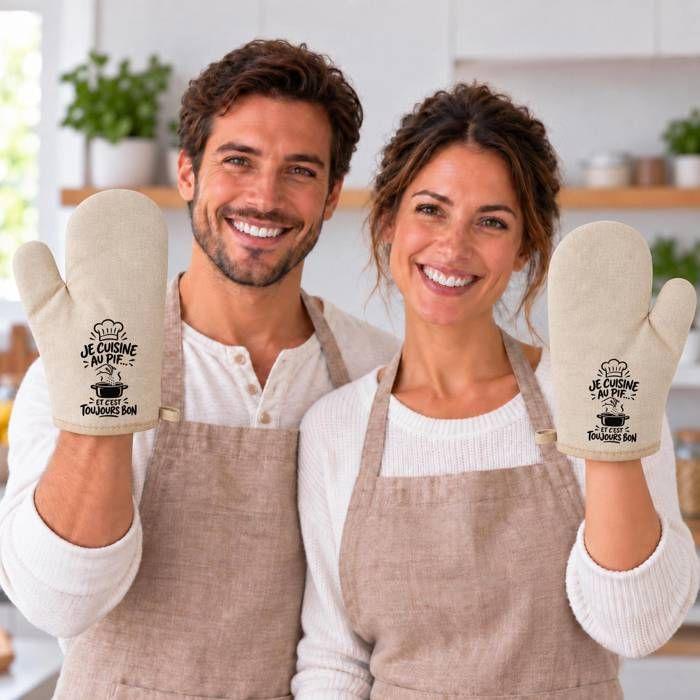 Gant de Cuisine Beige Je cuisine au pif... Et c'est toujours bon | Coton Recyclé 280 g/m² 17 × 26 cm Dos Matelassé | Taille Unique