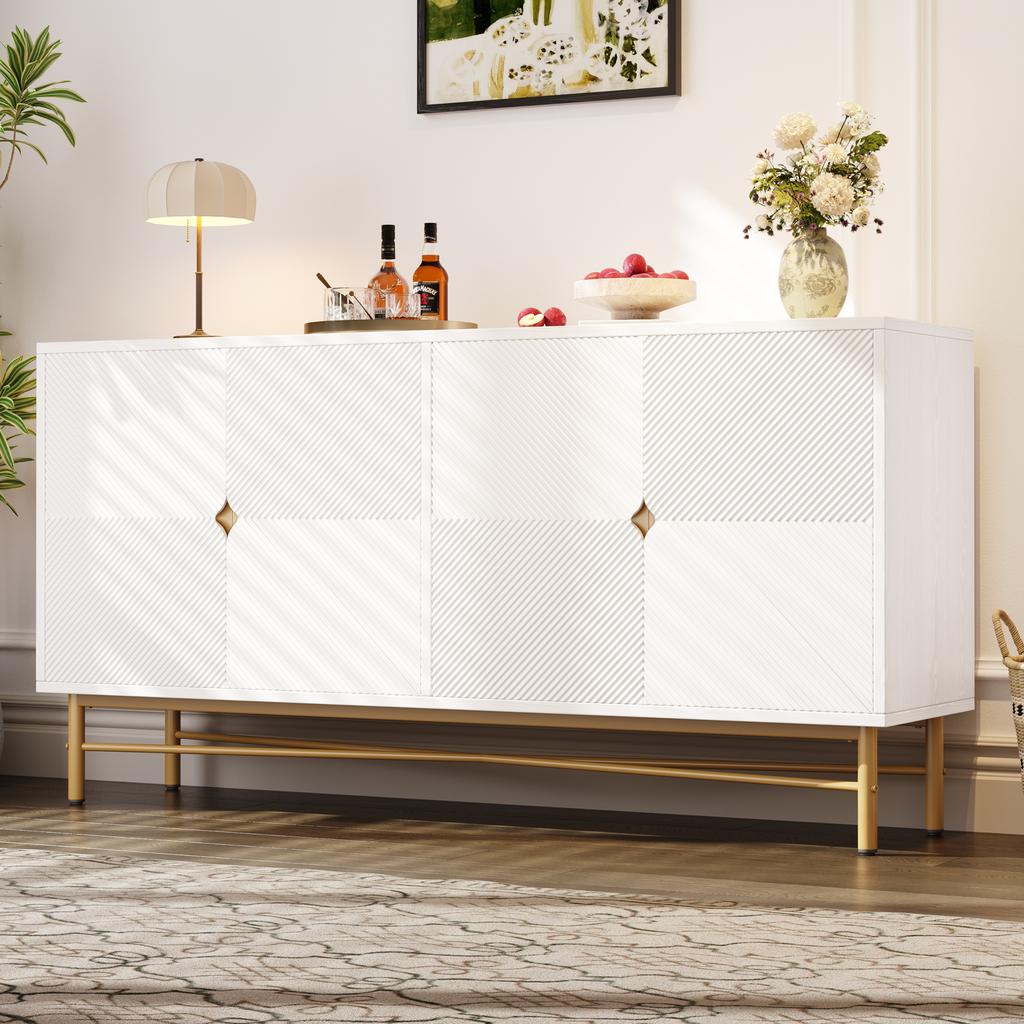 Sideboard with Raised Texture 160cm, with Four Doors, Golden Brushed Handles and High-Gloss Table Legs, White, 160×40×82cm(old sku N657P28156667W)