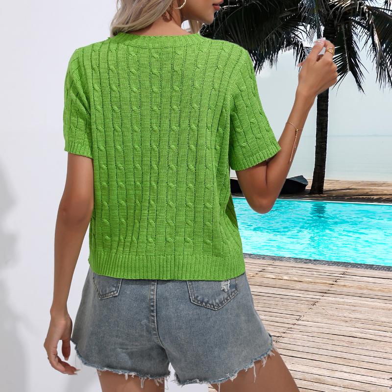 Women's Twist Short Sleeve Pullover Knit Sweater Spring Summer O-Neck Solid Colour Knit Sweater