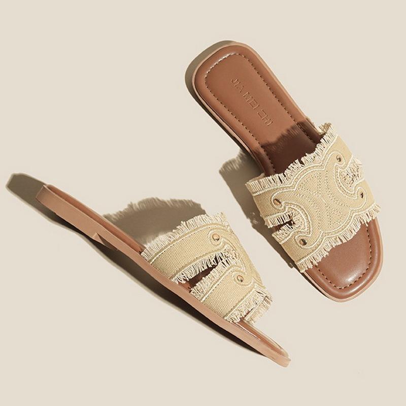 Women Denim Fringe Slide Sandals Outdoor Vacation Comfy Casual Slippers Flat-sole Half Slippers Lightweight French Style Sandals