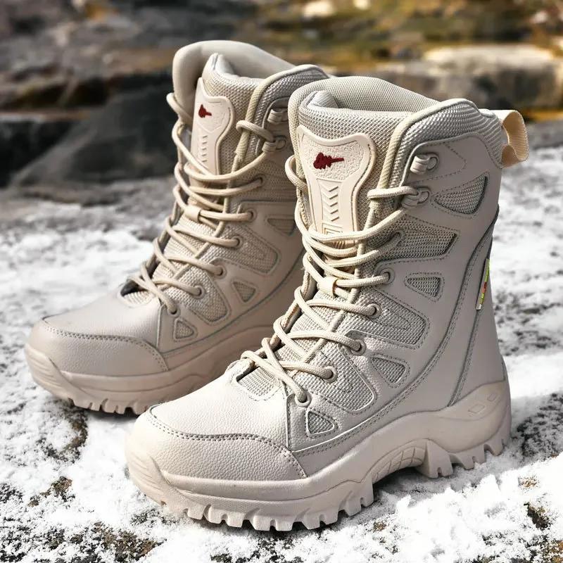 Winter Leather Women Boots Plush Warm Couple Snow Boots Lace Up Waterproof Women Ankle Boots Outdoor Work Shoes Botines Female