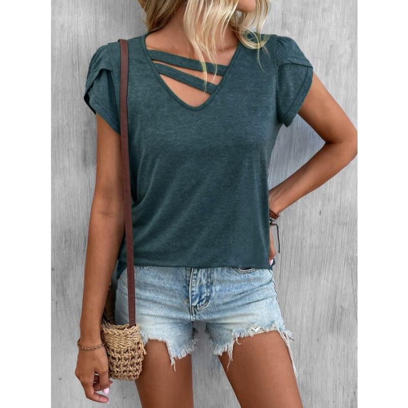 Fashion V-Neck Tops Sweet Casual Shirt Summer 2023 Petal Sleeve Blouse Female Loose Solid Shirt Women Blusas Elegant 26036