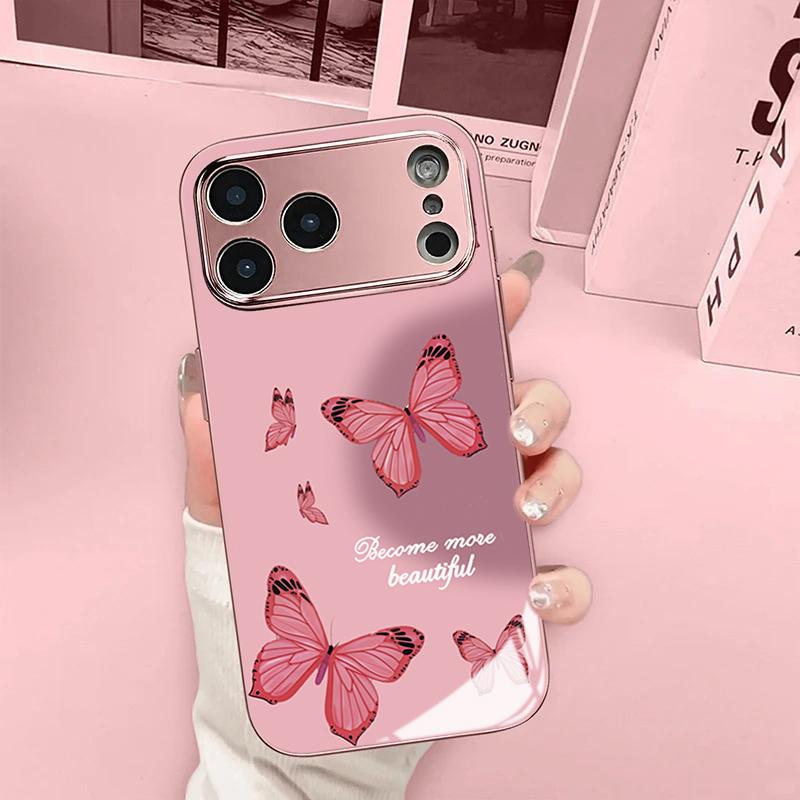 Cute Pink Butterfly Tempered Glass Phone Case for iPhone 17 Pro Max 16 15 14 Plus 13 12 11 Pro Max 16E 17Air Protection Cover
