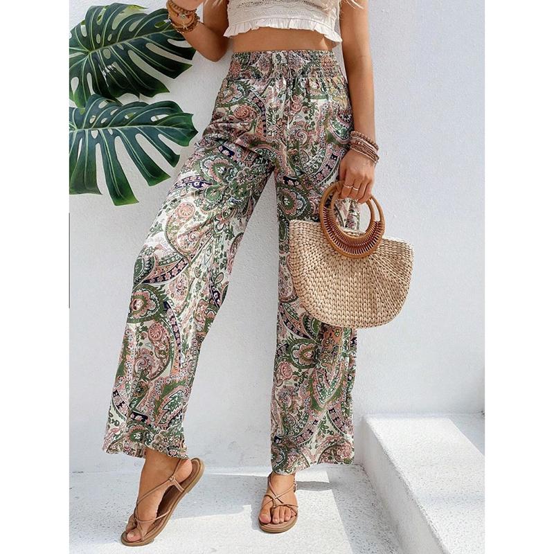Summer New Fashion Printed Elastic Waist Wide Leg Pants Women Vintage Vacation Beach Pants Casual Woman Simple Thin Office Ladies Long Trousers 25783
