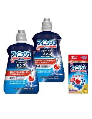 Čisticí prostředek na mytí nádobí Finish, oplach 250 ml x 2 lahve, vzorek zdarma v ceně, prémiový čisticí prostředek Powerball Cube 3 [Velkoobchodní nákup] + (Myčka