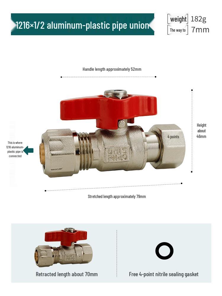 All-Copper Aluminum-Plastic Pipe Compression Ball Valve for Underfloor Heating - Internal Thread, Solar 1216/1620/2025
