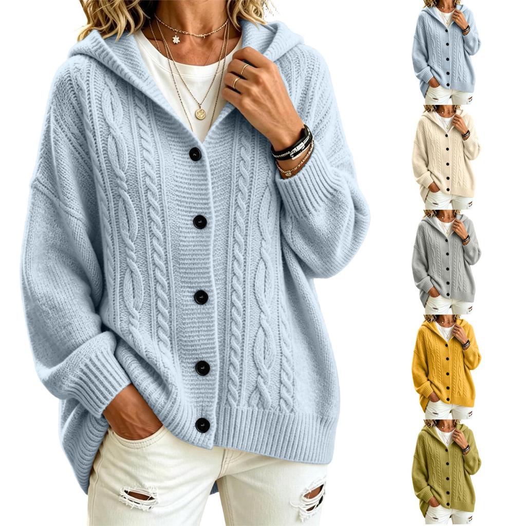 Damen Pullover Mantel mit Kapuze, farbig, Zopfmuster, lockere Passform