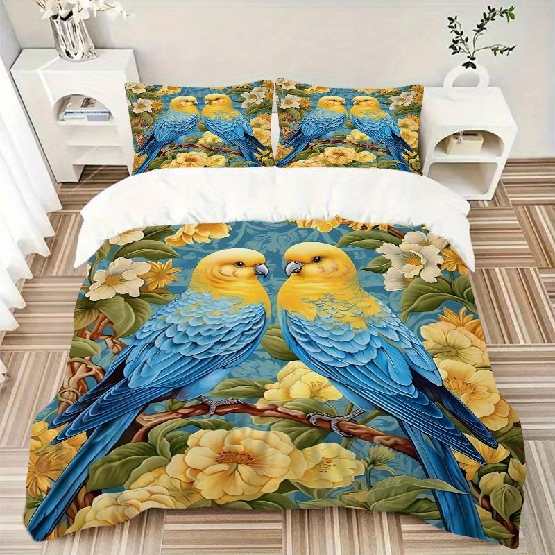3pcs Parrot Floral Bedding Cover Set, Fashion Classic Popular Print Bedding Set, Soft Comfortable, All - Season Use, For Bedroom, Guest Room097