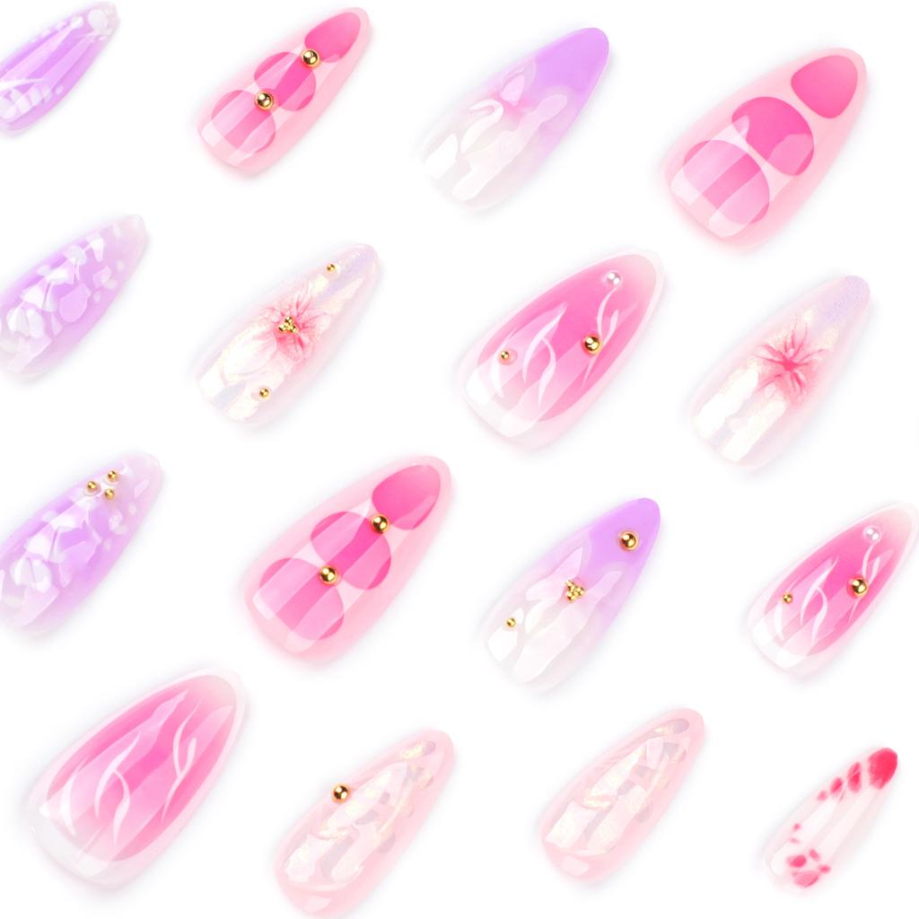 Europe and the United States hot-selling 3D three-dimensional flower wearing nail pink smudge nail art fake nail short almond nail piece