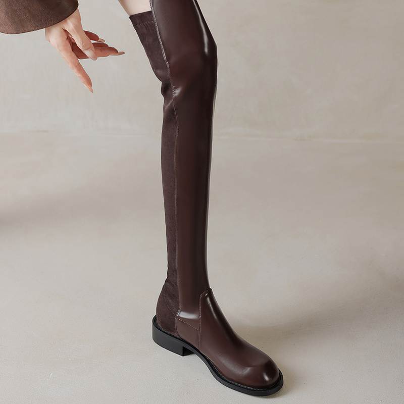 Krazing Pot Flock Microfiber Autumn Winter Shoes Thick Heels Size 43 Long Boots Black Brown Stretch Over-the-knee Boots