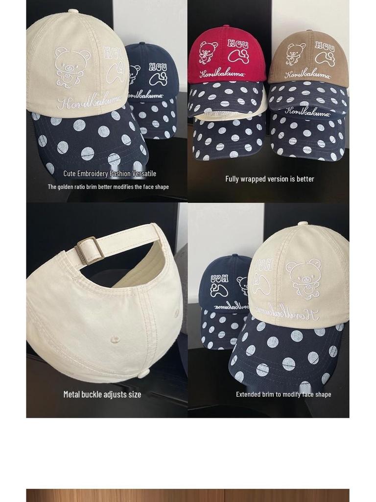 Korean Embroidery Rilakkuma Polka Dot Baseball Cap: Women's Spring/Autumn Fashion, Versatile Duckbill Hat for Slimming Face.
