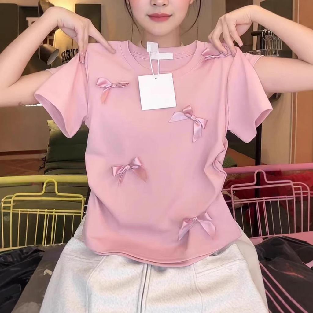 Japanese Pink Bow Short Sleeve T-shirt - Sweet & Spicy Niche Slim Fit Summer Top