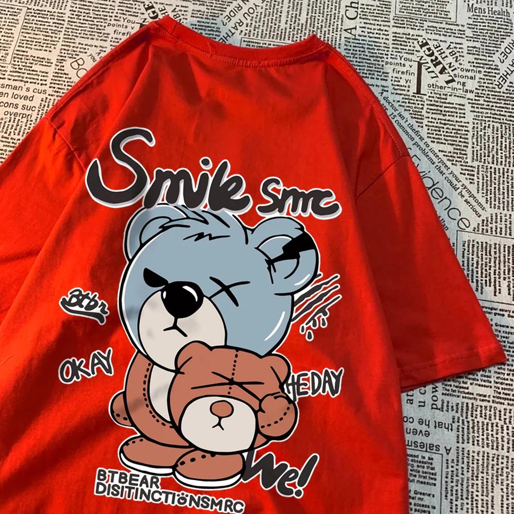 Teddy Bear With Hood Off T Shirt Men Women Hip Hop Streetwear Couple Printing Tops O-Neck Tee Clothes Cotton Oversized Tee