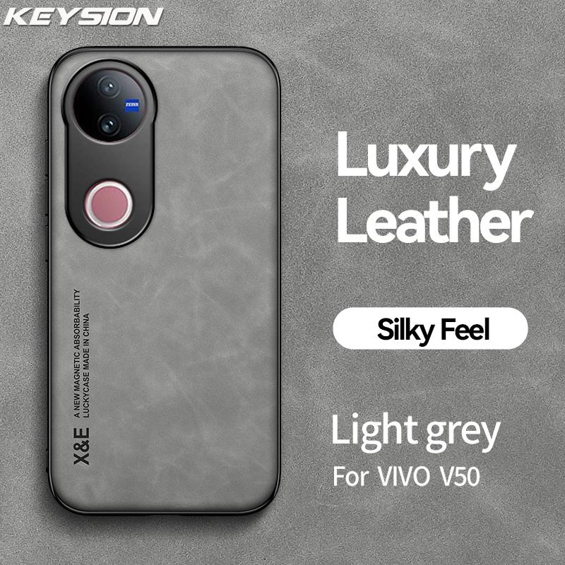 KEYSION Luxusní retro PU kožené pouzdro pro VIVO V50 5G Měkký silikon + PC nárazuvzdorný zadní kryt telefonu pro VIVO V50 5G